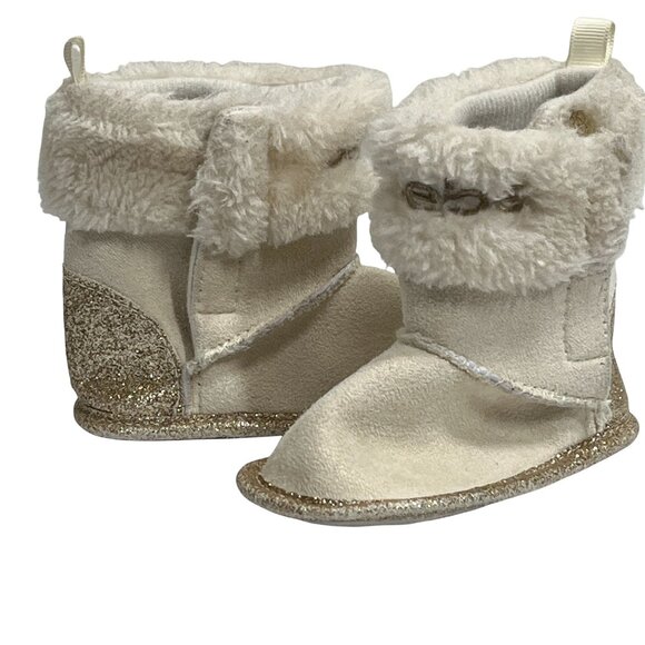 Bebe Baby Girl Faux Suede Boots Size 2 Cream Gold Winter Ankle Booties - Picture 1 of 11